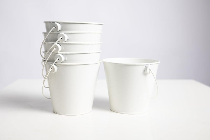 Dominus Decors Small Metal Buckets with Handles - Rust Resistant Leak-Proof Mini Tin Buckets for Classroom, Party Favors, Organization, Weddings, Gardening - Set of 6, White - Image 1